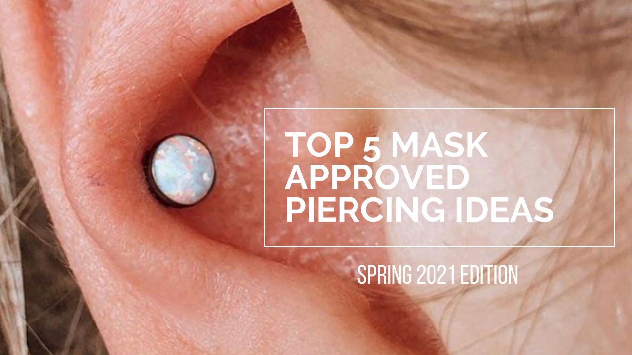 mask safe piercing ideas featuring white opal in an ear