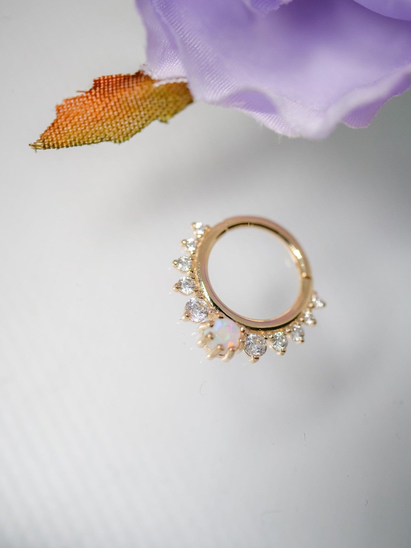 yellow gold and swarovski stones with white opal ring for septum, tragus 