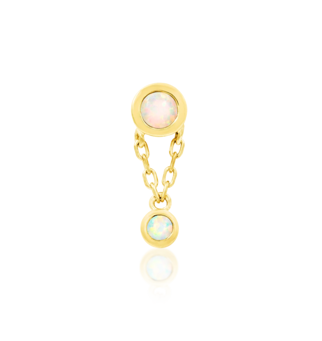 yellow gold threadless end with 2 opals and charm on chain
