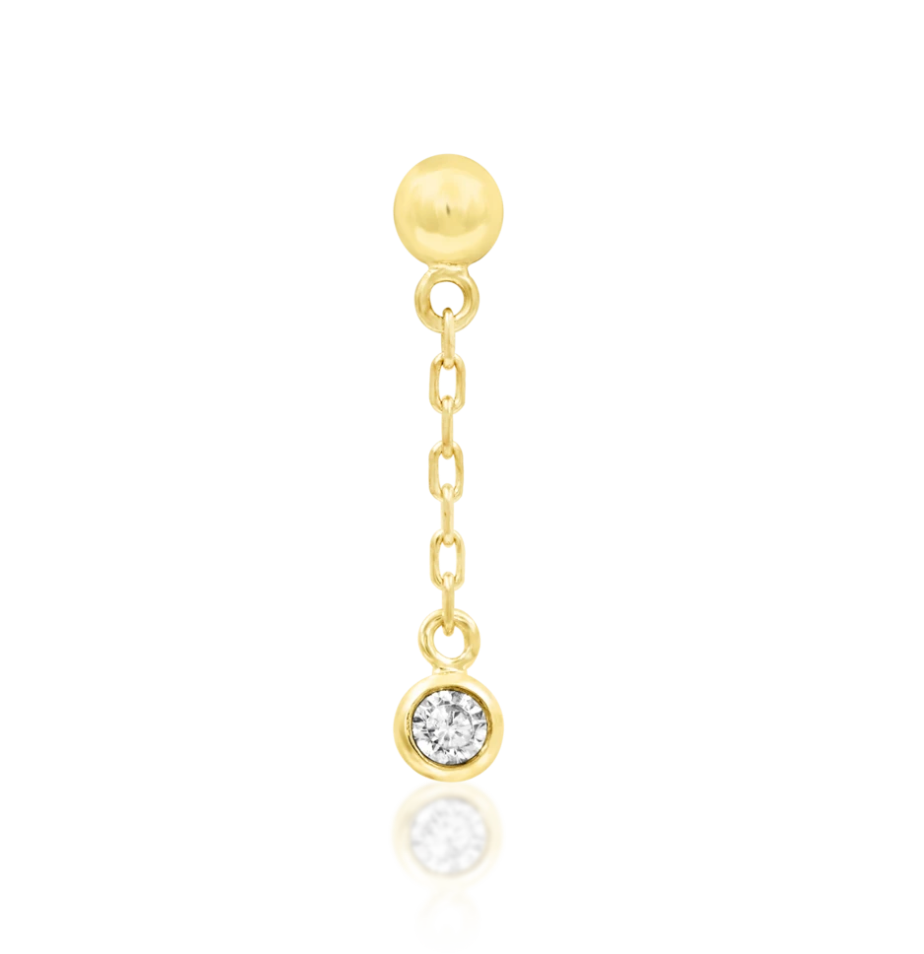 yellow gold ball with chain and hanging charm with cubic zirconia threadless end