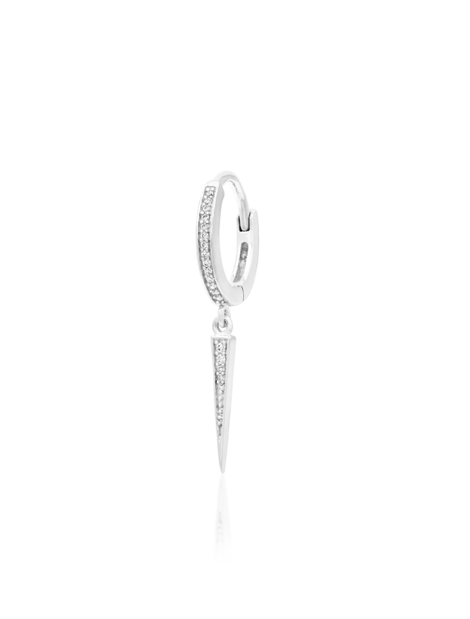 white gold spike hanging from hoop with crystals