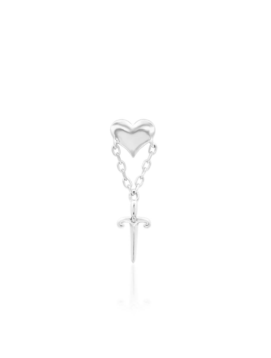 white gold dangling dagger on chained heart